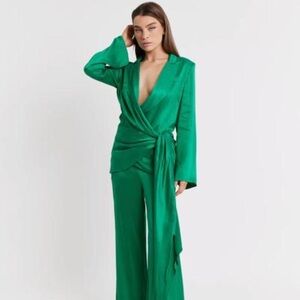 Satin Emerald Green Wrap Pantsuit with Self-Tie Waist
